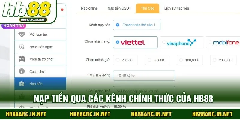 Nạp tiền qua các kênh chính thức của HB88